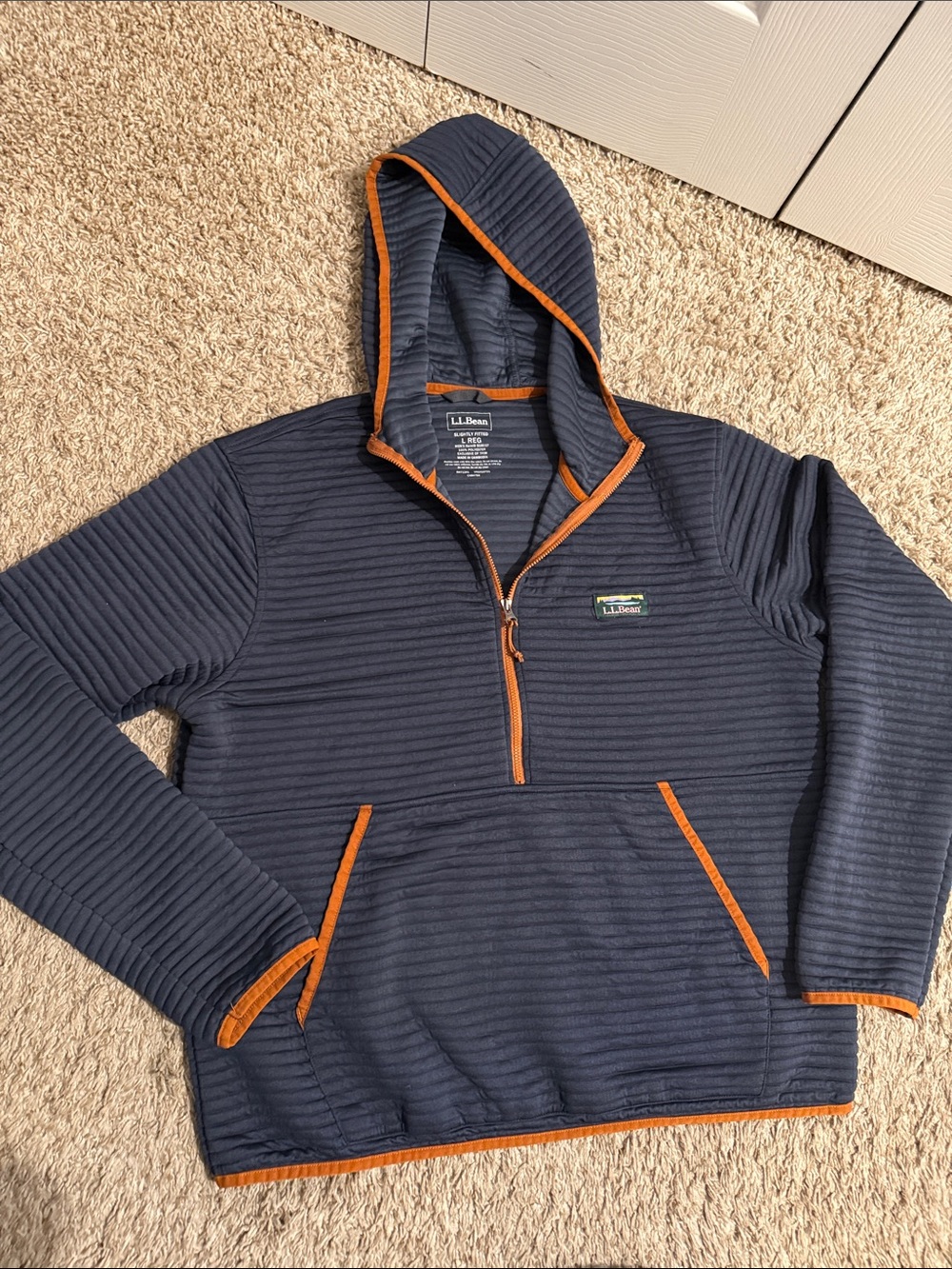 L.L.Bean Navy Hooded Half-Zip Pullover with Orange Trim